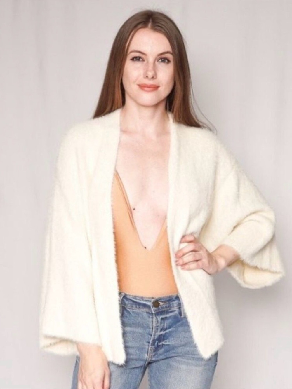 Sleeping on Snow cream fuzzy cardigan One Size Kimono open front bohemian